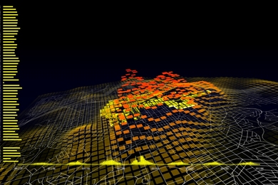 An example of the sort of visualization of real time information that will be part of the Future of Urban Mobility research effort; this image illustrates the emotional flow of Obama's inauguration as measured by the number of cell phone calls during the event.