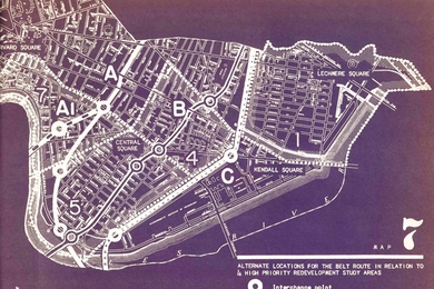 This 1951 map shows a proposed highway cutting through MIT. 