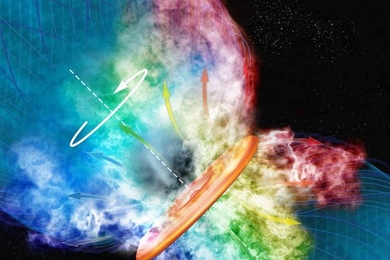 Artist’s conception of the rotating disk of hot, ionized gas surrounding Orion Source I, blocking the star from our view. A cool wind of gas is driven from the upper and lower surfaces of the disk and is sculpted into an hourglass shape by tangled magnetic field lines.