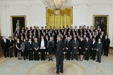 President Barack Obama talks with the Presidential Early Career Award for Scientists and Engineers (PECASE) winners in the East Room of the White House, Jan. 13.