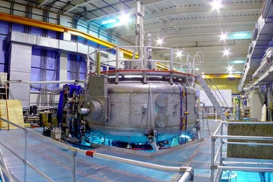 The Levitated Dipole Experiment (LDX) reactor is housed inside a 16-foot-diameter steel structure in a building on the MIT campus that also houses MIT’s other fusion reactor, a tokamak called Alcator C-mod.