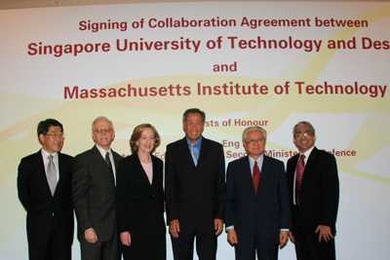 From left to right, Philip Ng, chairman of the Singapore University of Technology and Design (SUTD) Board of Trustees; SUTD President Thomas Magnanti; MIT President Susan Hockfield; Ng Eng Hen, minister for education and second minister for defense; Tony Tan, chairman of National Research Foundation; and Rohan Abeyaratne, SMART director, attend a signing ceremony detailing the scope of collaborati...