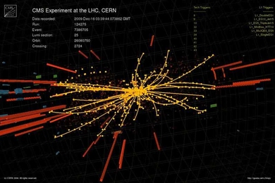 Screen capture of proton-proton collision events in the CMS detector at an energy of 2.36 TeV.