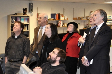 Representative Edward J. Markey (far right) views a monitor recording the interior of the Alcator C-Mod tokamak, in anticipation of the next plasma shot. Accompanying him are MIT alumus Reiner Beeuwkes and his wife, Nancy; Congressional Aide Sarah Butler; PSFC Director Miklos Porkolab and Senior Research Scientist Martin Greenwald. Nuclear science and engineering graduate student Matt Reinke (seat...