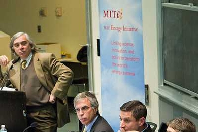 From top to bottom, Ernest J. Moniz, Robert Stavins, Michael Greenstone, Steven Ansolabehere, Edward Steinfeld and Henry Jacoby at the panel discussion “the Road from Copenhagen.”