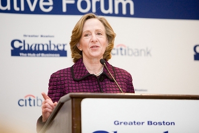 MIT President Susan Hockfield speaks at a breakfast meeting of the Greater Boston Chamber of Commerce on Feb. 17.
