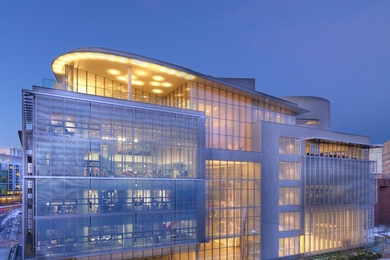 The new Media Lab complex at night.