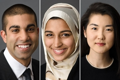 Graduate student Zahir Dossa, left, along with Reshmaan N. Hussam ’09, middle, and Laurel Yong-Hwa Lee ’05 have been named recipients of the Paul & Daisy Soros Fellowships for New Americans in 2010.