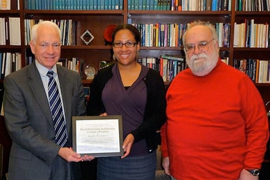2010 Doherty Professorship in Ocean Utilization recipient Janelle Thompson, center, with Vice President for Research and Associate Provost Claude Canizares, left, and MIT Sea Grant College Program Director Chryssostomos Chryssostomidis.