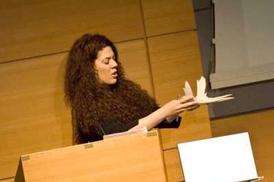 Christine Ortiz, an associate professor in MIT’s Department of Materials Science and Engineering, discusses “bio-inspired” synthetic materials at an MIT forum, “The Future of Manufacturing Innovation — Advanced Technologies," held on Monday.