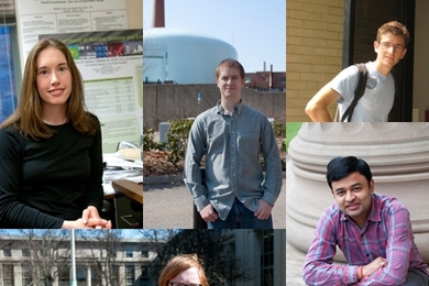 Department of Nuclear Science and Engineering Bishop Fellows (clockwise from top left) Ashley Finan, Nicholas Horelik, Julien Beccherle, Dustin Langewisch, Naveen Prabhat.