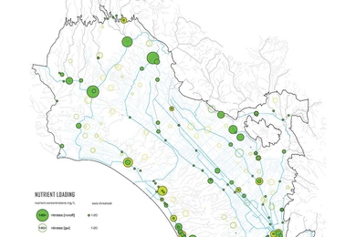 A map of the Pontine Marshes, which cover 300 square miles in Italy’s Lazio region, just south of Rome. The area’s canals, built in the 1930s, have become heavily polluted. The green dots show areas with an excess of nitrates, while the yellow dots indicate an excess of phosphorus.