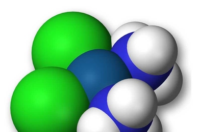 A 3-D model of a cisplatin molecule.