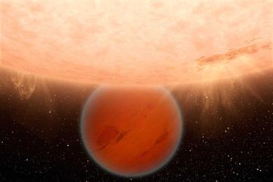 An unusual, methane-free world is partially eclipsed by its star in this artist's concept. NASA's Spitzer Space Telescope has found evidence that a hot, Neptune-sized planet orbiting a star beyond our sun lacks methane — an ingredient common to many planets in our own solar system. 