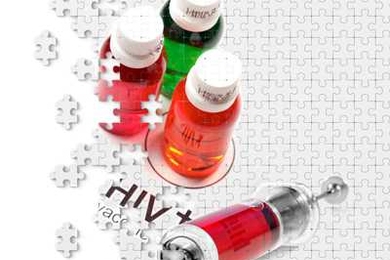 Jigsaw puzzle with bottles and the word "HIV+"; pieces of the puzzle are broken apart on one side.