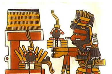 The Aztec god, Xiuhtecuhtli, as one of the nine Lords of the Night, offers up rubber balls in this drawing.