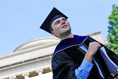 Conor Walsh, who received a PhD in mechanical engineering, gets ready for the Commencement exercises in Killian Court on Friday, June 4.