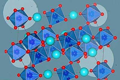 A material called strontium-substituted lanthanum cobalt perovskite, or LSC, whose crystal structure is shown here.