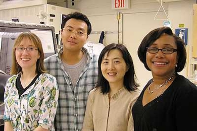 From left, students Betar Gallant and Seung Woo Lee and professors Yang Shao-Horn and Paula Hammond, in one of the labs where the use of carbon nanotubes in lithium batteries was researched.