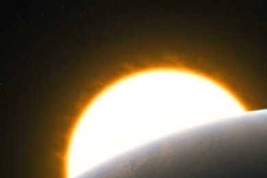 This artist’s impression shows the Jupiter-like transiting exoplanet around its host star.