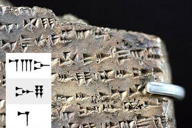An incidental challenge in building a computer system that could decipher Ugaritic (inscribed on tablet) was developing a way to digitally render Ugaritic symbols (inset).