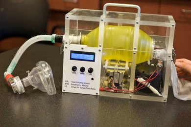 A working prototype of the mechanical ventilator developed by MIT students. They are working on a new version designed for easy manufacturability and maintenance.