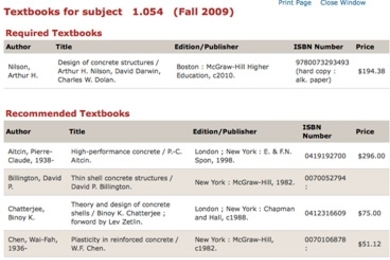 A screenshot from the new textbook information web pages.