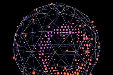 A graphic of a neutrino event recorded by the MiniBooNE experiment. The ring of light, registered by some of the more than 1,000 light sensors inside the detector, indicates the collision of a muon neutrino with an atomic nucleus.