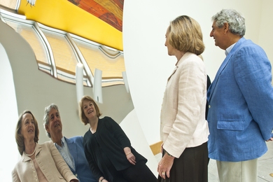 From left to right: MIT President Susan Hockfield; Associate Provost Philip Khoury; and Jane Farver, director of the MIT List Visual Arts Center, gaze at their reflections in Anish Kapoor's stainless-steel sculpture housed in MIT's Stata Center.