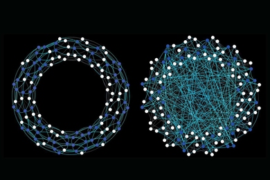 Research on the spread of health-centered behavior describes how the structure of social networks can influence how behaviors travel through a population. 
<br /><br />
These figures show experimentally manipulated on-line social networks. The first community (left) has a clustered network structure, while the second one is a more "random" casual contact network. Node colors indicate people who ...