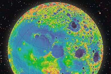 Using measurements taken by an instrument onboard NASA’s Lunar Reconnaissance Orbiter spacecraft, researchers have mapped all large craters on the moon. In this image, blue indicates low elevation, and red indicates high elevation.