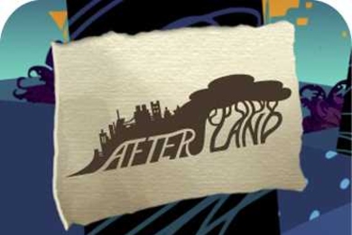 The "Afterland" game signage shows "Afterland" on beige rectangle in front of blue and teal landscape. Below that, The "Poikilia" game signage shows "Poikilia" in dark brown text atop beige backdrop.