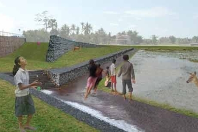 The entry from the student architecture team proposed a new zero-energy campus for the Jay Pritzker Academy in rural Siem Reap, Cambodia. Pictured here: low flood stage at gabion retaining walls.