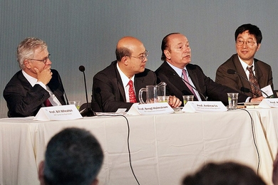 At the 25th-anniversary conference of MIT’s Center for Real Estate, members of a panel on “Financial Re-Engineering” included (from left): Bengt Holmstrom, the Paul A. Samuelson Professor of Economics; Andrew Lo, director of the Laboratory for Financial Engineering at the MIT Sloan School of Management; Robert C. Merton, School of Management Distinguished Professor of Finance; and Jiang Wang...