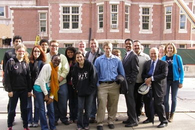 Phoenix Group members, along with Housemaster Jack Carroll and Dean for Student Life Chris Colombo, get a tour of Maseeh Hall, set to open in fall 2011. 