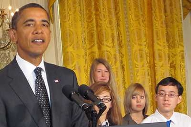 Sophomore Nathan S. Benjamin, far right in white shirt, was one of 75 young innovators who presented their work at the first-ever White House science fair.