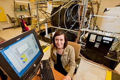 Anna Nikiforova in the neutron detector lab at Lawrence Livermore National Laboratory in California.