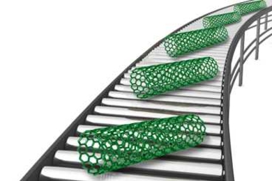 Illustration of a production line with several green carbon nanotubes on it