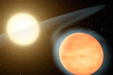 Artist concept of the extremely hot exoplanet WASP-12b and the host star.