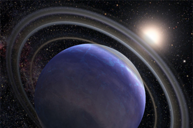 Artist rendition of a distant planet with rings