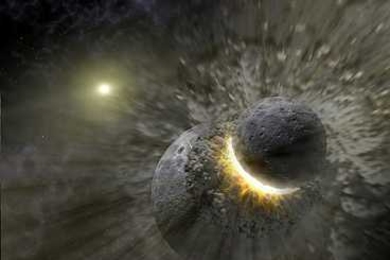 Massive planetesimals — some as large as 2,000 miles in diameter — may have struck other objects in space, including possibly Earth, Mars and the Moon, in a similar fashion to this artist's rendering of a space collision.