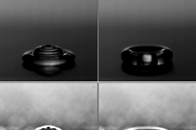 Using a high-speed camera, MIT researchers obtained images of water droplets striking a hydrophobic surface that is dry (top) or frosted (bottom), in order to study the feasibility of using such surfaces as a “passive” way of preventing ice buildup.