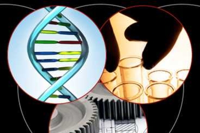 Overlapping circles contain images of DNA double helix, test tubes, and gears