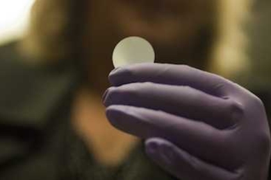 Karen Gleason holds a filter that can selectively remove molecules of the same size that have different chemical properties.