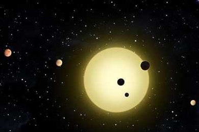 Kepler-11 is a sun-like star around which six planets orbit. At times, two or more planets pass in front of the star at once, as shown in this artist's conception of a simultaneous transit of three planets observed by NASA's Kepler.