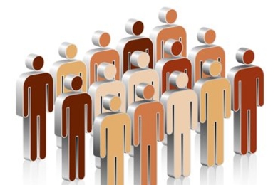 Fifteen stick figures with various skin tones