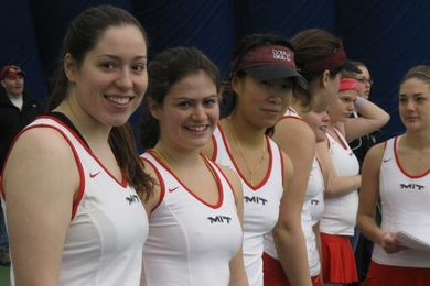 Before a match, Caroline joins the team lineup including Leslie Hansen(left), Anastasia Vishnevetsky, and Yi Wang.