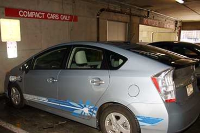 The Zipcar Prius PHV that is parked — and plugged in — at the Albany Street garage.