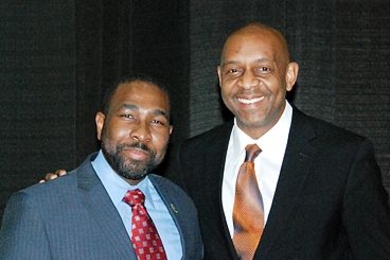 Dedric Carter ’98, left, and Robert Satcher Jr. ’86, PhD ’93 delivered the keynote addresses at the recent Laureates and Leaders induction ceremony.