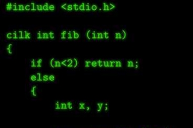 A snippet of code from the Cilk language showing the 'spawn' and 'sync' commands.